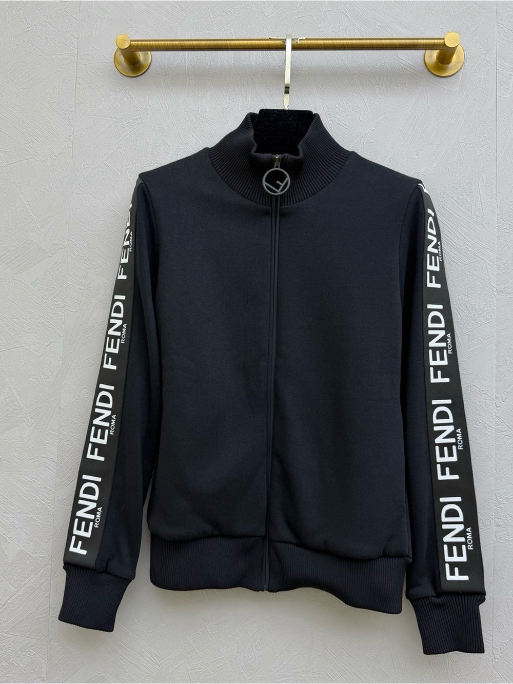 🚩steal Fendi Black Zip-Front Bomber Jacket with Logo Tape Sleeves